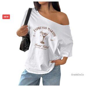 Oversized Off Shoulder Graphic Tee Y2K Chic Bow Letter Print T-Shirt